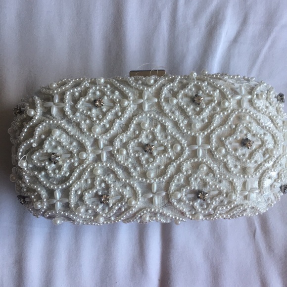 Forever New Handbags - White Beaded Clutch w/ Chain